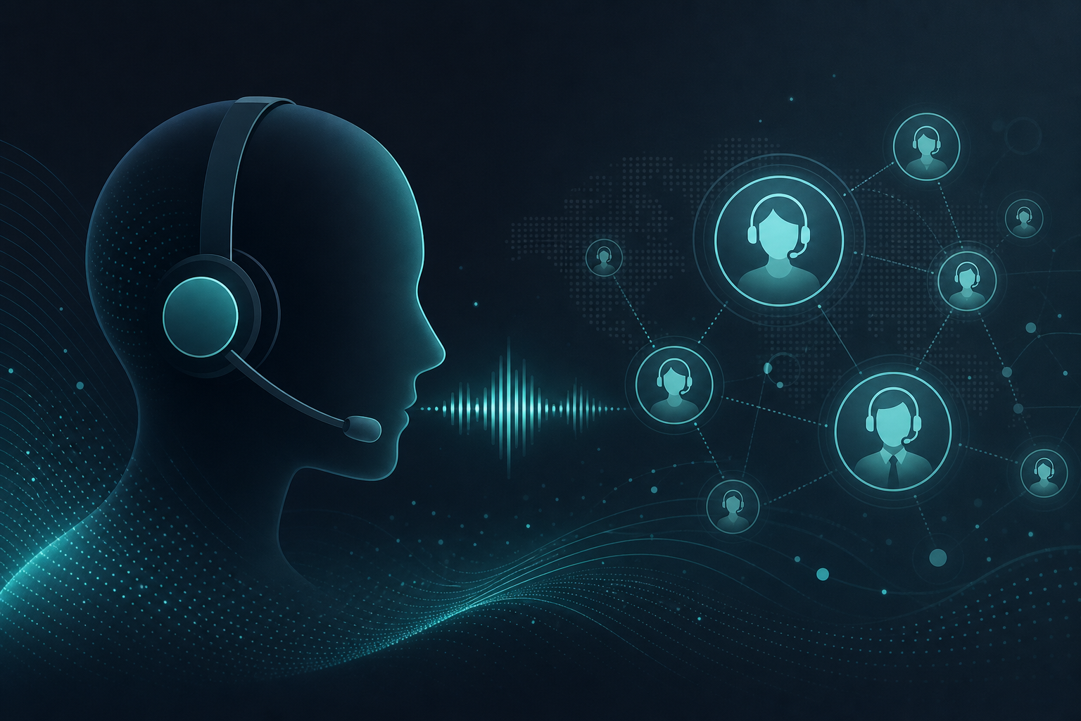Voice AI call center headset and agent network illustration 2026